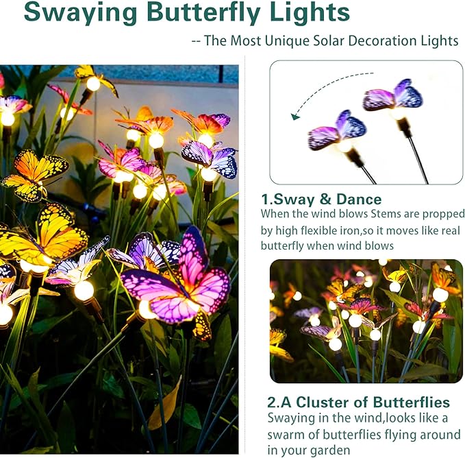 TONULAX Solar Garden Lights - 8 Pack Swaying Butterfly Light, Swaying in The Wind, Solar Outdoor Lights, Yard Patio Pathway Decoration, High Flexibility Iron Wire & Realistic Butterflies(8 Pack)