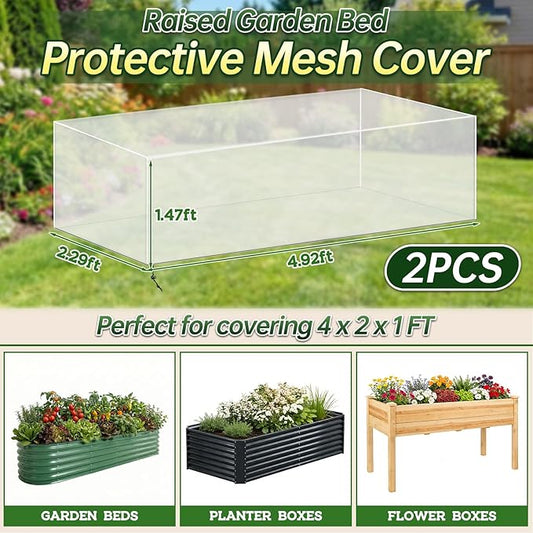 2 Pack Garden Netting Cover for 4 x 2 x 1 FT Raised Beds, Fine Mesh Plant Cover with Drawstring, Raised Bed Bug & Bird Barrier Screen for Vegetables, Herbs and Flowers