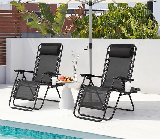 Alpen Zero Gravity Lounge Chair Set of 2, Patio Chair Folding Lounge Chairs for Outside, Portable Camping Chairs with Pillow and Cup Holder, Outdoor Recliner for Beach Outdoor Camping, Black