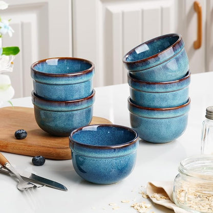 Henten Home 6 oz Ramekins Set Oven Safe, Ceramic Creme Brulee Ramekins Set of 6, Baking Cups for Pudding, Souffle, Ice Cream, Snack, Dipping (Blue)