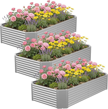 3 Pcs 4 x 2 FT Galvanized Steel Raised Garden Bed – Outdoor Planter Box for Root Vegetables, Herbs & Flowers, Large Metal Garden Beds for Backyards, Terraces and Balconies
