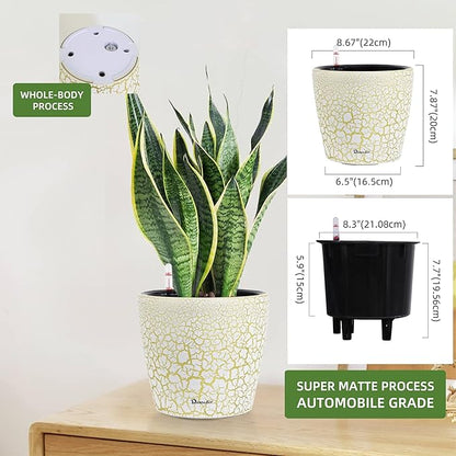Dexceder 9x8 Inches Self Watering Planter Indoor Outdoor, Inner Pot Design, Thickened Table Flower Plant Pot with Water Level Indicator (White Gold Crackle)
