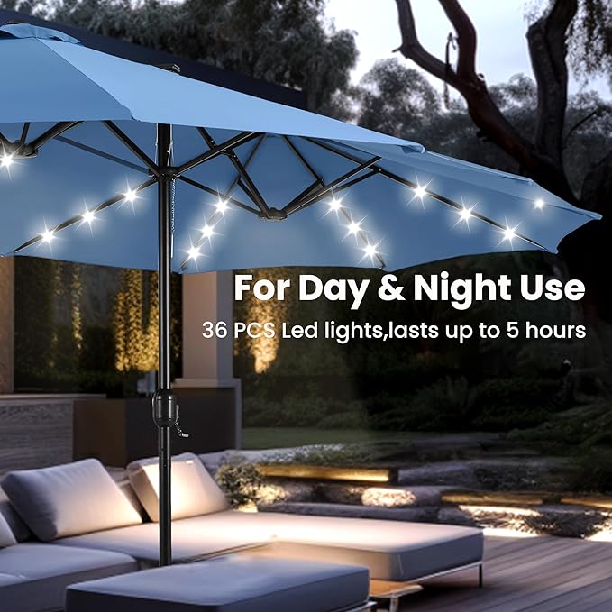 PHI VILLA 15ft Large Patio Umbrella with Solar Lights, Double-Sided Outdoor Market Rectangle Umbrellas with 36 LED Lights, Umbrella Base (Stand) Included, Haze Blue