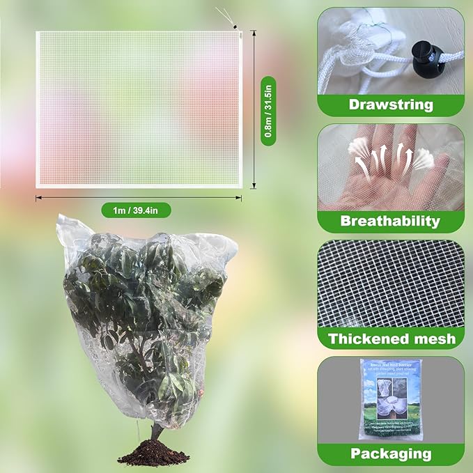4 Pack Garden Plant Netting, 3.3Ft x 2.7Ft Garden Netting Pest Barrier Mesh Covers Bags with Drawstring Insect Bird Cover Netting Plant Protection Covers for Vegetables Bushes Fruits Tree