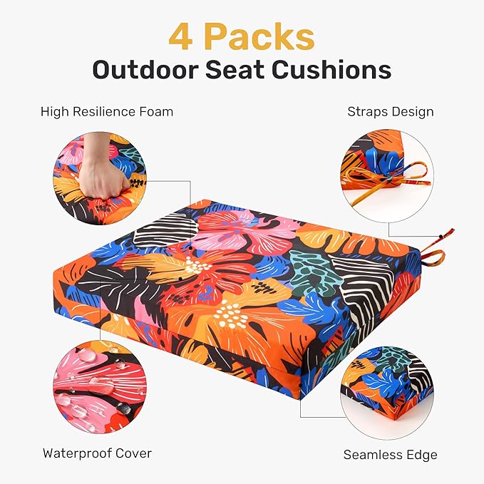UNIKOME Outdoor Chair Cushions Pack of 4, Water Resistant Patio Cushions with Ties, High Density Sponge Filling Square Corner Seat Cushions for Outdoor Furniture, 19"*19"*3", Colored Flower
