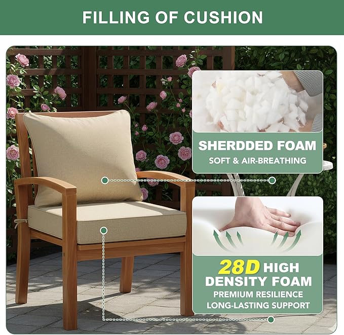 Summsun Outdoor Chair Cushions 22 x 22 Inch, Faux Linen Patio Furniture Cushions, Water Resistant Backrest and Deep Seat Cushion Set with Straps, Removable Cover, Non-Slip Bottom, Nature