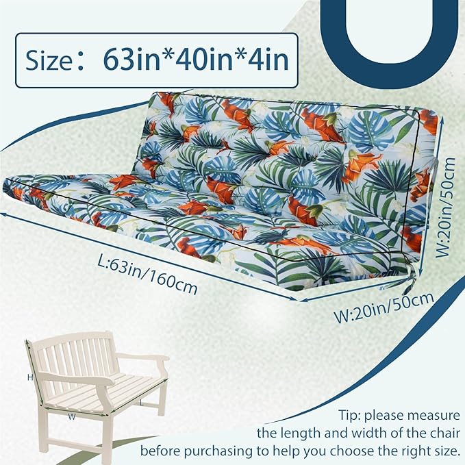 2/3 Seater Swing Replacement Cushion, Waterproof Porch Swing Cushions with Backrest, Thickened Bench Cushions for Outdoor Furniture, for Outdoor Patio Swing (Summer, 63 * 40in)
