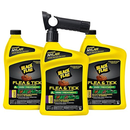 Black Flag Flea and Tick Killer Concentrate Yard Treatment, 32 Ounces, Ready to Spray, Quickflip Hose End Sprayer, 3 Pack