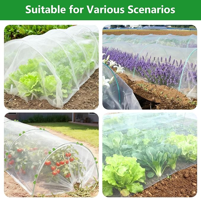 Garden Netting Kit for Raised Beds, 10x50FT Ultra Fine Mesh Netting ＆6 Sets Fiberglass Garden Hoops, Insect Netting for Garden Plant Row Cover Vegetable Flowers Protection Barrier