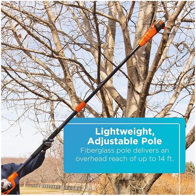 BLACK+DECKER 20V Max Pole Saw for Tree Trimming, Lightweight, Rechargeable Cordless, Extension up to 14 ft Reach, Tool Only, Electric Pole Saw (LPP120B)