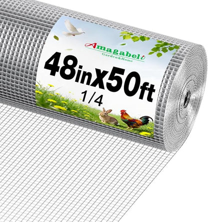 Amagabeli Galvanized Hardware Cloth 1/4 inch 48inx50ft 23 Gauge Chicken Wire Fence Welded Wire Mesh Roll Plant Supports Poultry Netting Garden Bed Animal Cage Snake Rabbit Gopher Rodent Proof