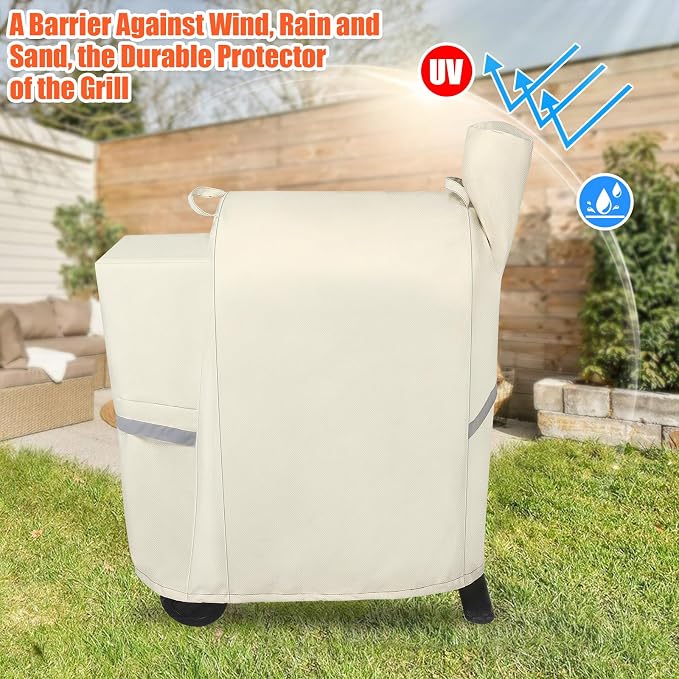 Grill Cover for Traeger Pro 22 & 575 Series - 600D Heavy Duty Waterproof Fade Resistant Traeger Pro 22 Cover with Elastic Drawstrings, Premium BBQ Cover for Z Grills 550B and More, Beige