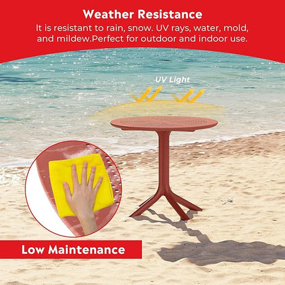 Costaelm 4 Person Dining Table Set, HDPE Patio Round Dining Table and Stackable Chair, Kitchen & Dining Room Sets All Weather for Backyard Porch Poolside, Red