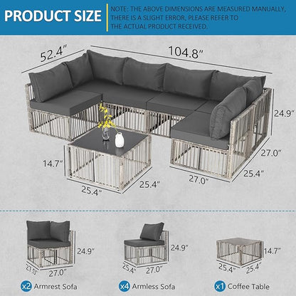 FHFO 7 Pieces Outdoor Patio Furniture Set, Wicker Outdoor Sectional Conversation Couch Set with Adjustable Backrest Sofa, Thick Cushion & Coffee Table for Garden, Porch, Poolside, Grey/Grey