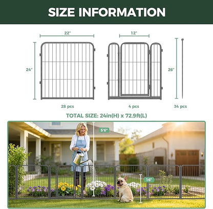 FXW Garden Fence Outdoor for the Yard – 24in(H) x 60.9ft(L) Heavy Duty Metal Animal Barrier for Dog, No Dig Decorative Dog Fence, 32 Panels, Silver