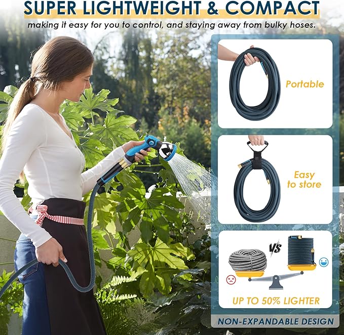 Non-Expandable Garden Hose 25 FT, Lightweight Hose with 10 Function Spray Nozzle, Kink-Free Flexible Water Hose, Durable, Leak-Proof, 360° Swivel Connectors, Portable Storage Strap
