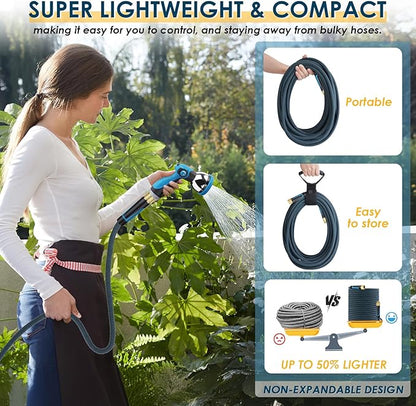 Non-Expandable Garden Hose 100 FT, Lightweight Hose with 10 Function Spray Nozzle, Kink-Free Flexible Water Hose, Durable, Leak-Proof, 360° Swivel Connectors, Portable Storage Strap