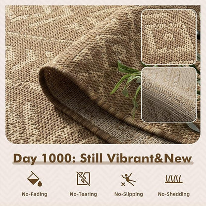MontVoo-Outdoor Rug-Patio Rug 5x7 Polypropylene Indoor Outdoor Rugs Outdoor Carpet for Patio Deck Balcony Porch, Textured Weave, Durable for High Traffic, Fade-Resistant, Boho Farmhouse Neutral Brown