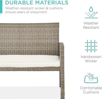 Best Choice Products 4-Piece Outdoor Wicker Patio Conversation Furniture Set for Backyard w/Coffee Table, Seat Cushions - Taupe/White Sand
