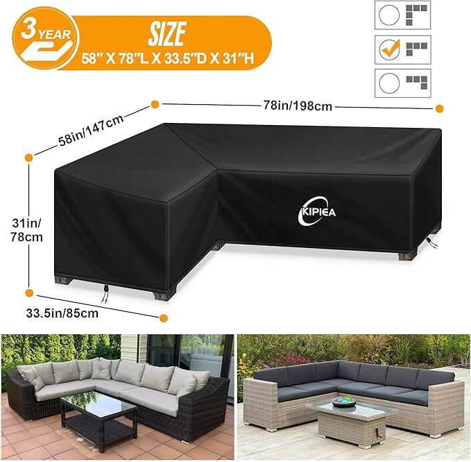 Kipiea L-Shape Patio Furniture Covers Waterproof, 500D Heavy Duty Outdoor Sectional Cover Windproof, Outdoor Couch Cover Anti-UV, No Tears & No Fading (Left Facing, 58" x 78" L x 33.5" D x 31" H)