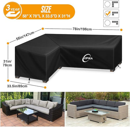Kipiea L-Shape Patio Furniture Covers Waterproof, 500D Heavy Duty Outdoor Sectional Cover Windproof, Outdoor Couch Cover Anti-UV, No Tears & No Fading (Left Facing, 58" x 78" L x 33.5" D x 31" H)