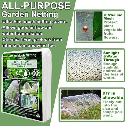 Garden Barrier Netting, Plant Covers 10x10Ft Ultra Fine Mesh Netting Protect for Vegetable Plants Fruits Flowers Crops Greenhouse Row Covers Raised Bed Barrier Screen Birds Animals Protection Net
