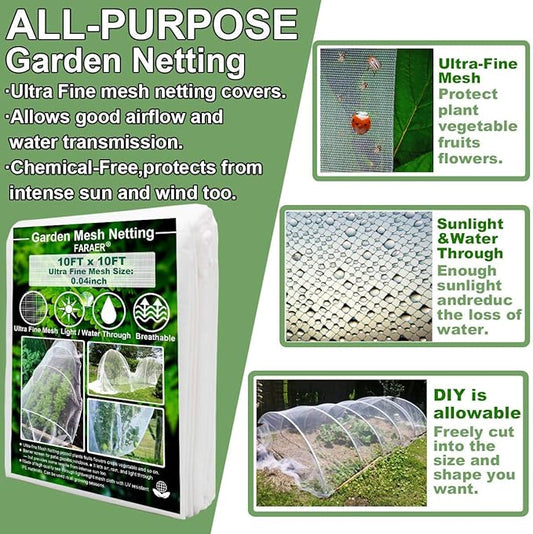Garden Barrier Netting, Plant Covers 10x10Ft Ultra Fine Mesh Netting Protect for Vegetable Plants Fruits Flowers Crops Greenhouse Row Covers Raised Bed Barrier Screen Birds Animals Protection Net