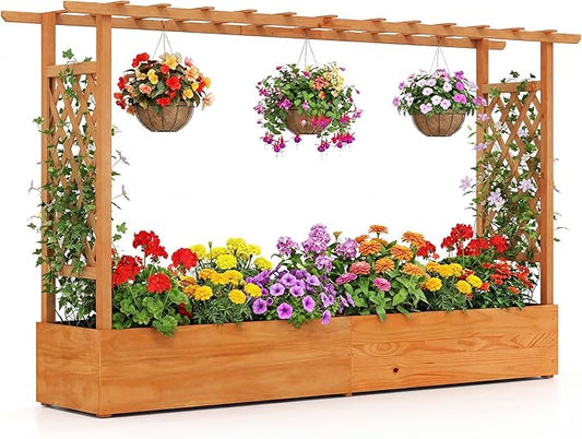 Giantex Raised Garden Bed with Trellis & Hanging Roof, Wood Planter Box with Bottom and Drainage Holes, Freestanding Garden Planter for Flower Vegetable Fruit Herb Climbing Vines (79" x 17.5" x 45")