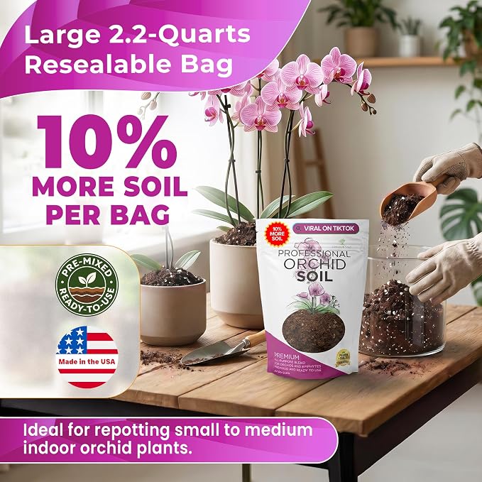 Professional Orchid Soil Mix Large 2.2 Quarts Ready to Use, Premium Potting Soil for Orchids Bromeliads Epiphytic Plants, Fast Draining Blend Lava Calcined Clay Pinebark Indoor Made in USA