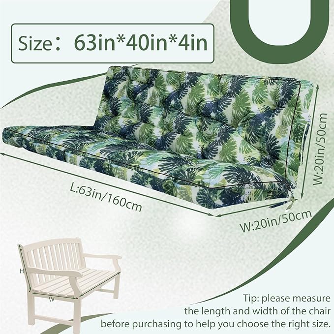 2/3 Seater Swing Replacement Cushion, Waterproof Porch Swing Cushions with Backrest, Thickened Bench Cushions for Outdoor Furniture, for Outdoor Patio Swing (Palm Leaves, 63 * 40in)