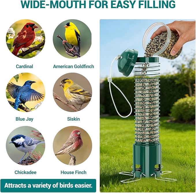 Squirrel Proof Bird Feeder, Metal Bird Feeders for Outdoors Hanging, 3.6LB Large Seeds Capacity for Wild Birds, Finch, Cardinal, Blue Jay, Chickadee, Green