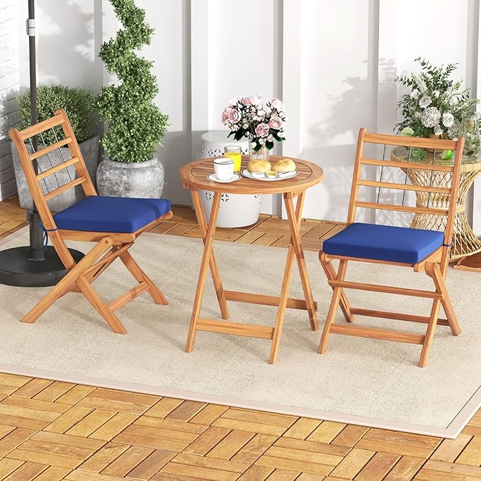 HAPPYGRILL 3 Pieces Acacia Wood Patio Bistro Set, Folding Outdoor Table and Chairs Set with Cushions, Outdoor Patio Furniture Set for Porch, Balcony, Deck, Garden, Backyard (Navy)