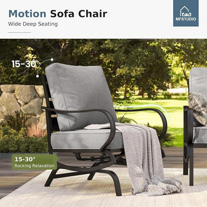 MFSTUDIO 5 Pieces Patio Conversation Sets, Outdoor Metal Furniture Sofas with 1 x 3-Seat Sofa, 2 x Rocking Chairs, 2 x Ottoman, Durable Steel Frame with Grey Cushion for Patio Balcony