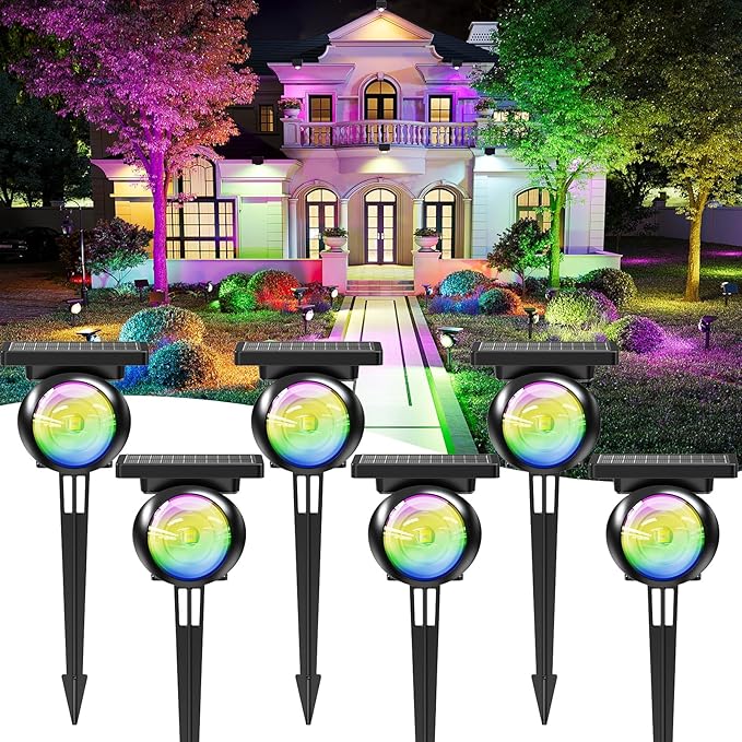 Monocular Solar Spot Lights Outdoor Waterproof, RGB+3CCT Solar Tree Spotlight, Bright Solar Uplights for Halloween Decorations Outdoor, Multicolor Garden Yard Landscape Path Lights [6Pack]