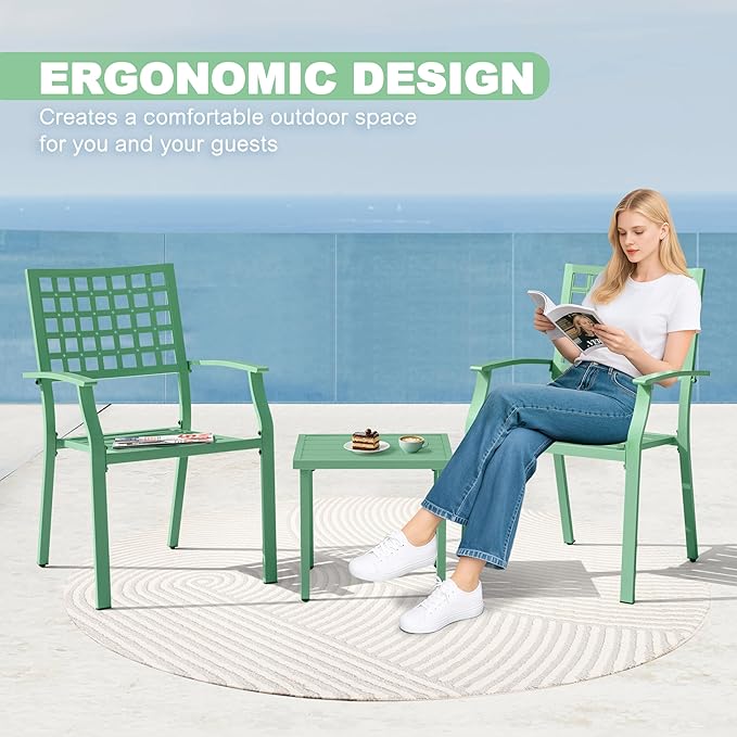 NUU GARDEN 3 Pieces Outdoor Bistro Set, All-Weather Patio Furniture with 2 Metal Stackable Chairs and Square Table, Waterproof Set for Balcony, Porch, Garden, Deck, Green