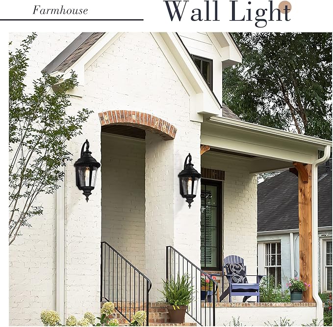 Emliviar Farmhouse Outdoor Light Fixtures Wall Mount 28.4 Inch, Large Outside Lamp for Porch, Outdoor Carriage Light with Seeded Glass, Black Finish, XE265B BK