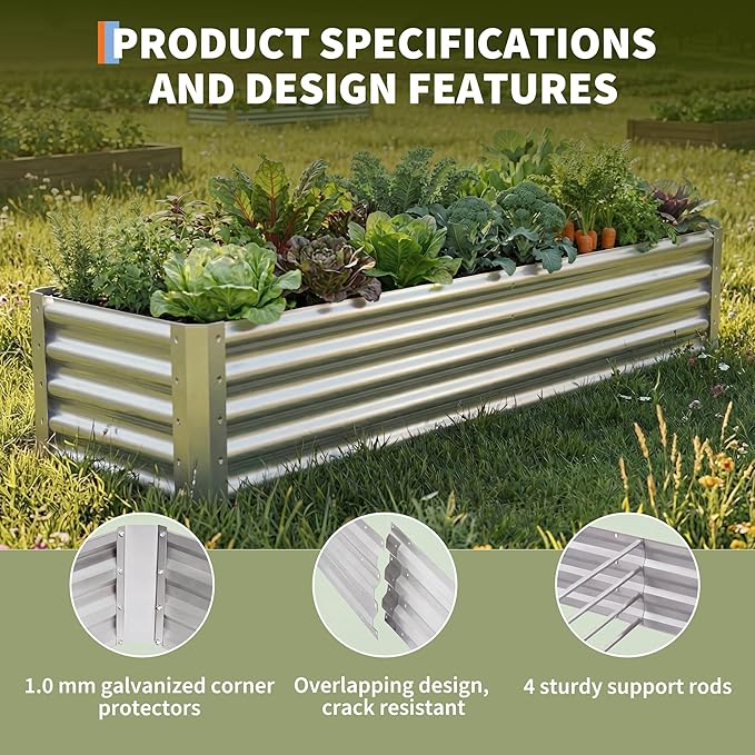 Raised Garden Bed, 6x1.5x1ft(2 Pack) Galvanized Raised Garden Beds Outdoor Planter Boxes Metal Patio Kit Planting Bed for Vegetables Flowers, Suitable for Backyard