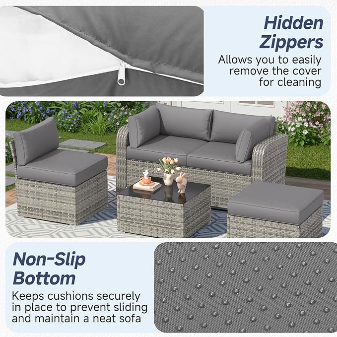 HOMREST Outdoor Sectional Cushions Set of 9, Waterproof Patio Furniture Cushions for 4-Seat Rattan Wicker Sofa, Deep Seat Couch Cushions with Non-Slip Bottom & Machine Washable Covers,Gray