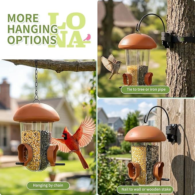 LONA Bird Feeders for Outdoors Hanging – 3 Separate Compartments, 3 Feeding Ports, Weatherproof Dome & 3 Ways to Hang, Large Capacity for Cardinals/Finches (Brown，Plus