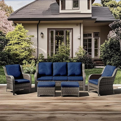 5 Pieces Outdoor Patio Furniture Conversation Set PE Rattan Wicker with a 3-Seater Sofa, 2 Armchairs, 2 Outdoor Ottomans for Yard Backyard (Brown/Navy Blue)