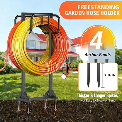 HeroicLion Garden Hose Holder Holds 2 x 160FT Hoses, Super Stable Water Hose Holders with 4 Spikes, Rustproof Freestanding Hose Stand Hanger Garden Hose Storage for Outside Yard Lawn Farm, Black