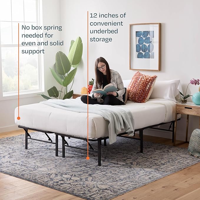 Linenspa Folding Metal Platform Bed Frame - No Box Spring Needed - Underbed Storage - Simple Toolless Assembly - Mattress Foundation - 14" High - Traditional Design - Sturdy Steel - Queen Size