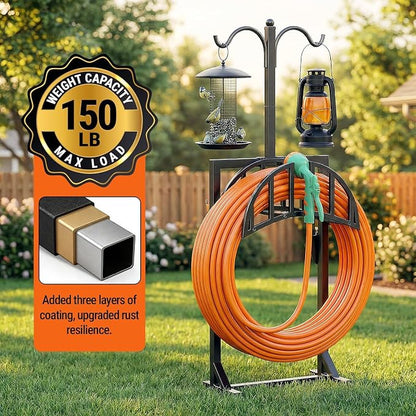 2 Pack Garden Hose Holder, Water Hose Stand for Outside with 4 Stake and 2 Shepherds Hooks, Freestanding Hose Storage Holds 150Ft, Heavy-Duty Metal Hose Hanger Rack for Yard, Lawn, Farm