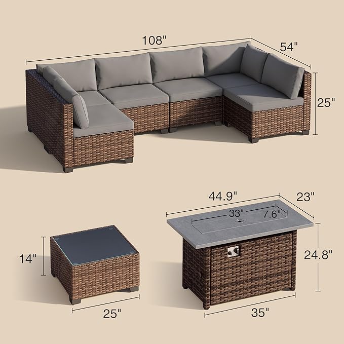8 Pieces Outdoor Patio Furniture Set with 44.9" Fire Pit Table, All-Weather Wicker Outdoor Patio Sectional Set with Coffee Table, for Garden Backyard