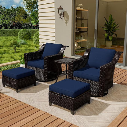 Vista Vibe 5 Pieces Outdoor Rattan Patio Conversation Furniture Set - 360 Degree Swivel Glider Rocker Chairs | Coffee Table | 2 Wicker Ottomans, Premium & Washable Cushions, Terrace (Brown/Navy)