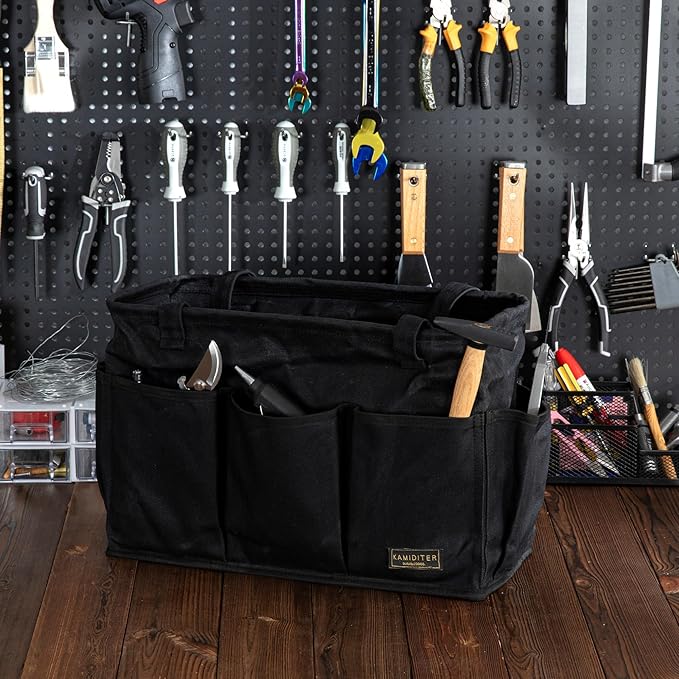 Tool Pouch, Heavy Duty 16oz Waxed Canvas Tool Bag, Rectangle Foldable Open Top Tool Bags with Handles, 10 Pockets | 15.5 x 7.5 x 10.5 Inches