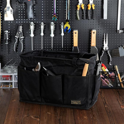 Tool Pouch, Heavy Duty 16oz Waxed Canvas Tool Bag, Rectangle Foldable Open Top Tool Bags with Handles, 10 Pockets | 15.5 x 7.5 x 10.5 Inches