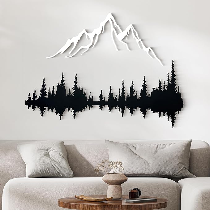 Wita Home Mountain and Forest Metal Wall Art, Wall Mounted Nature Home Decor, Pine Trees with Lake Reflection Wall Art for Living Room, Bedroom or Office, Large Outdoor Wall Decor, Nature Christmas Decor (White Mountain-Black Forest, 18x12 inches)