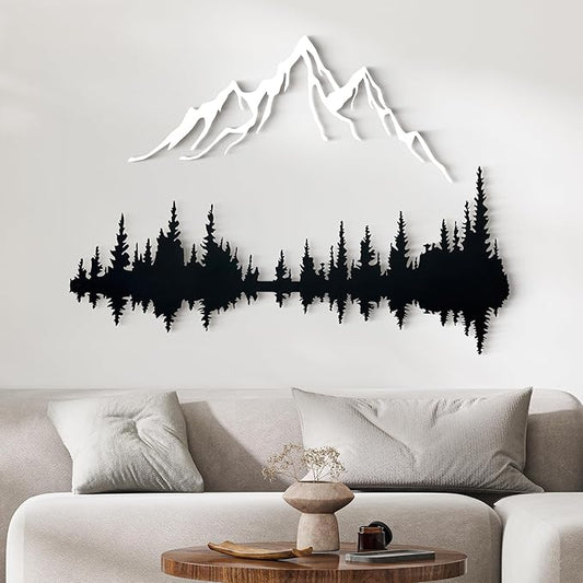 Wita Home Mountain and Forest Metal Wall Art, Wall Mounted Nature Home Decor, Pine Trees with Lake Reflection Wall Art for Living Room, Bedroom or Office, Large Outdoor Wall Decor, Nature Christmas Decor (White Mountain-Black Forest, 18x12 inches)