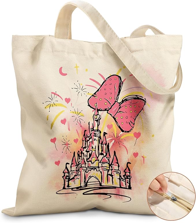 Miss Adola Canvas Tote Bag for Women – Aesthetic Canvas Bag with Zipper Cute Stylish Reusable Shoulder Totes for Shopping Work Daily Vacation, Bow Castle